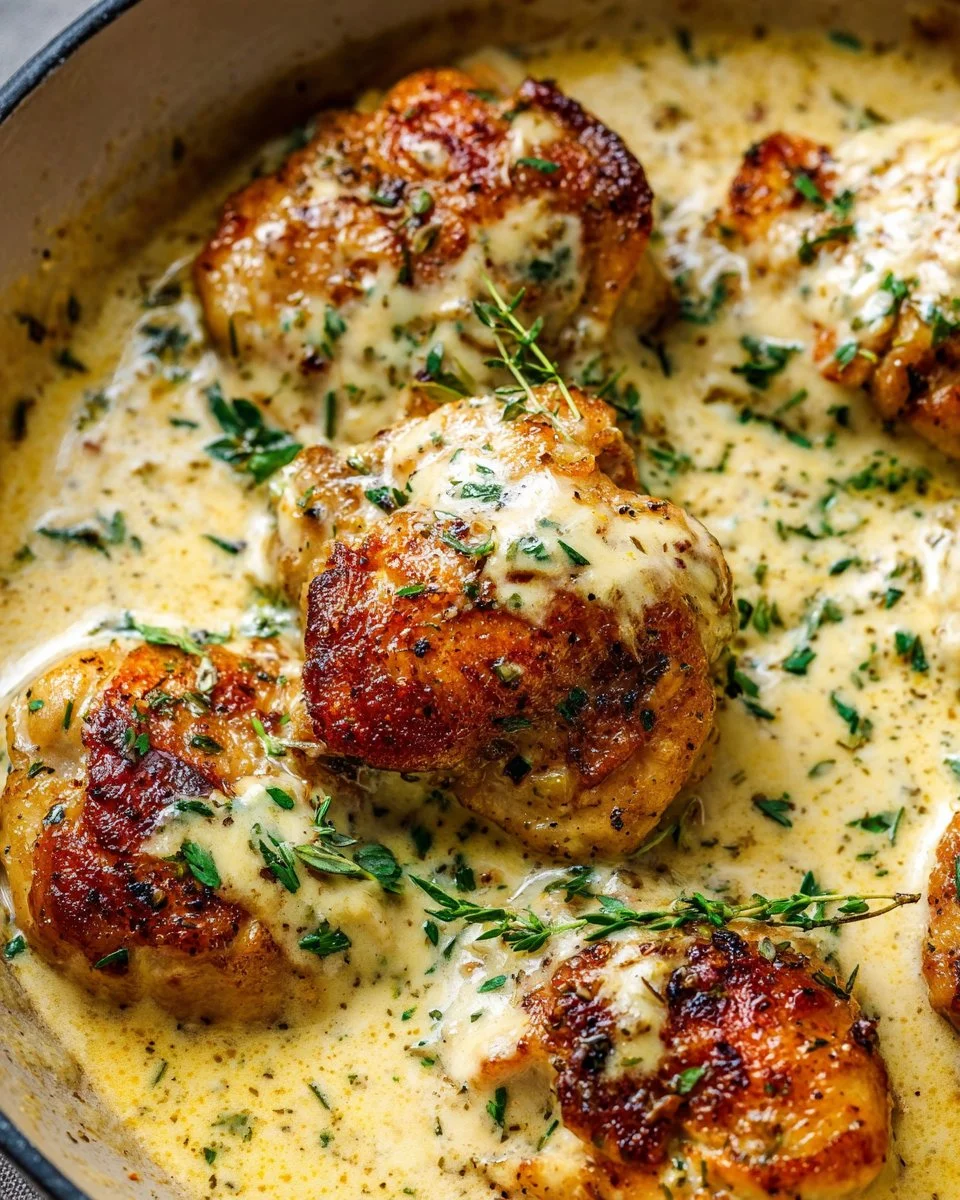 Creamy baked chicken thighs garnished and ready to serve