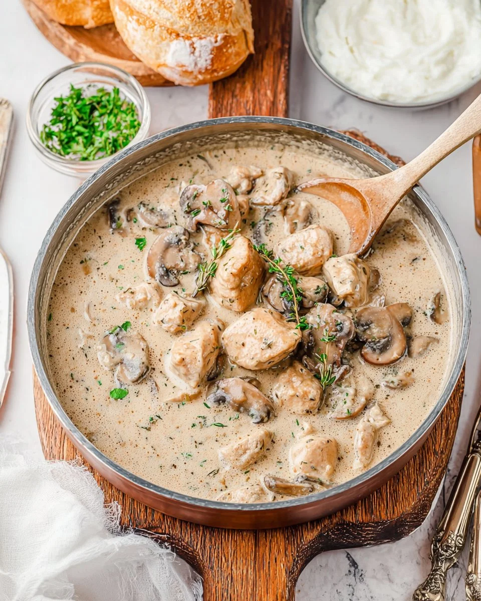 Bowl of creamy chicken and mushroom soup garnished with herbs