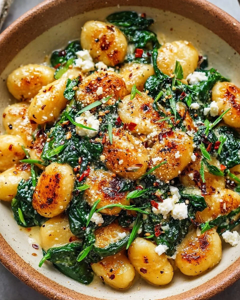 A plate of creamy gnocchi with spinach and feta cheese, garnished with herbs.