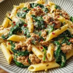 Creamy ground turkey spinach pasta dish garnished with fresh herbs