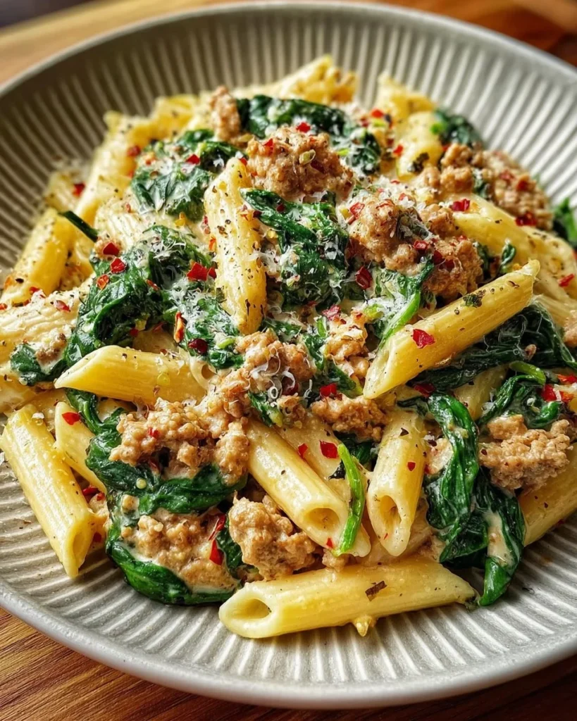 Creamy ground turkey spinach pasta dish garnished with fresh herbs