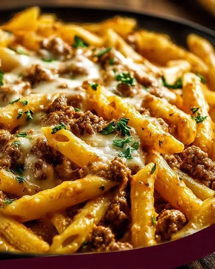 Creamy high protein beef pasta bowl with herbs and grated cheese