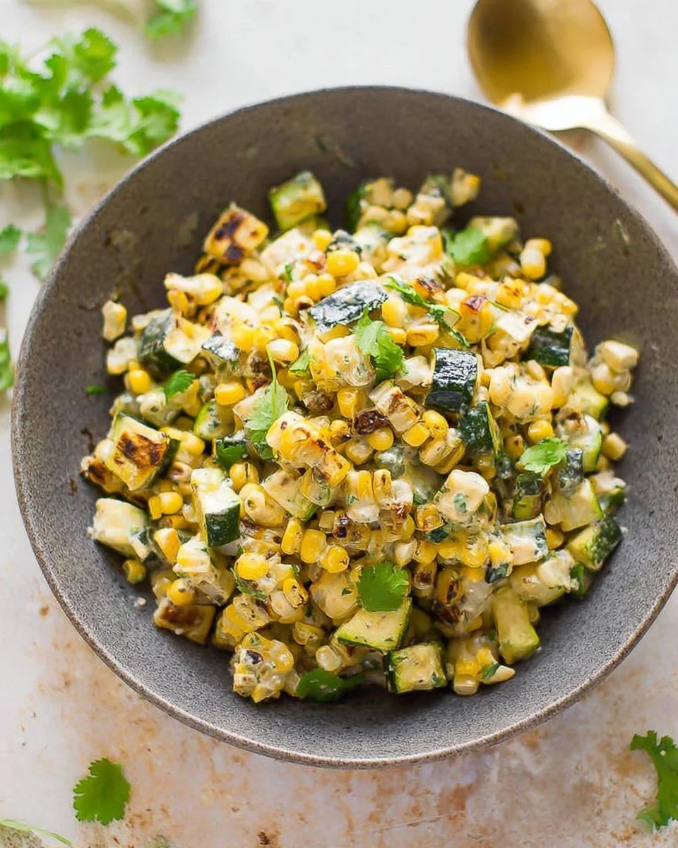 Creamy Mexican grilled corn salad with zucchini and fresh ingredients
