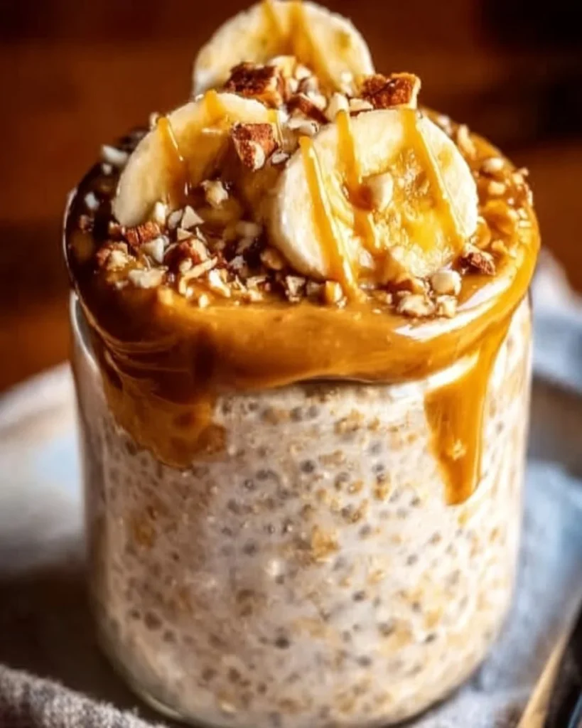 Bowl of creamy overnight oats topped with peanut butter and banana slices