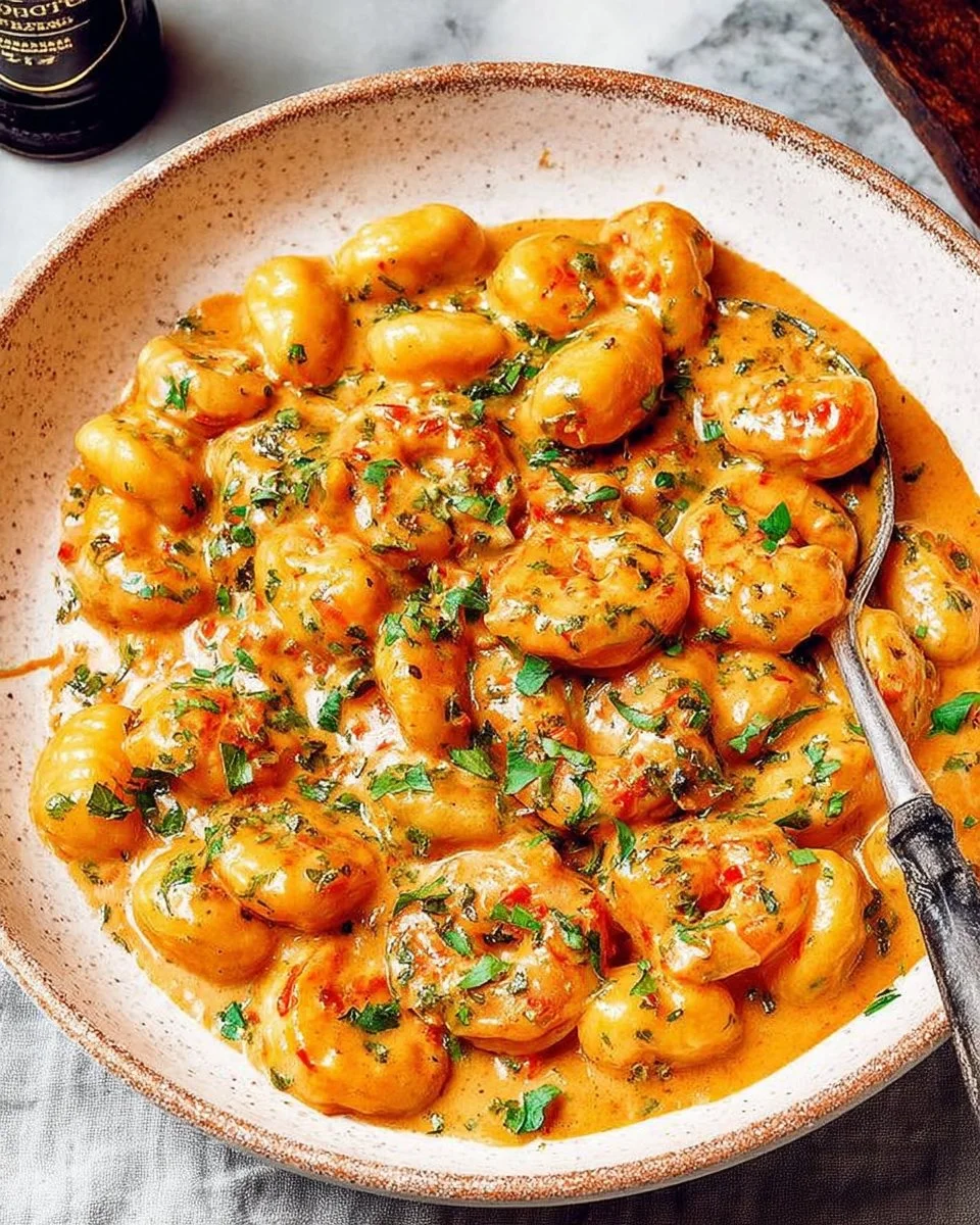 Delicious creamy shrimp and gnocchi dish garnished with herbs