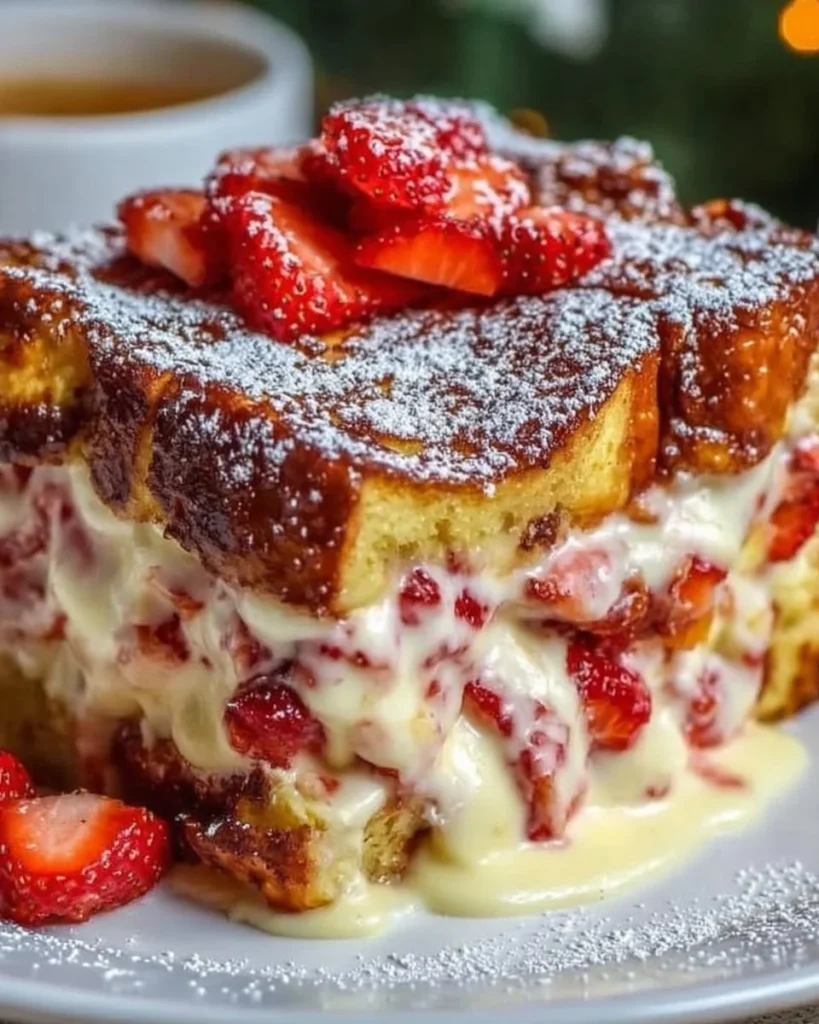 Creamy Strawberry Cream Cheese French Toast Bake fresh out of the oven