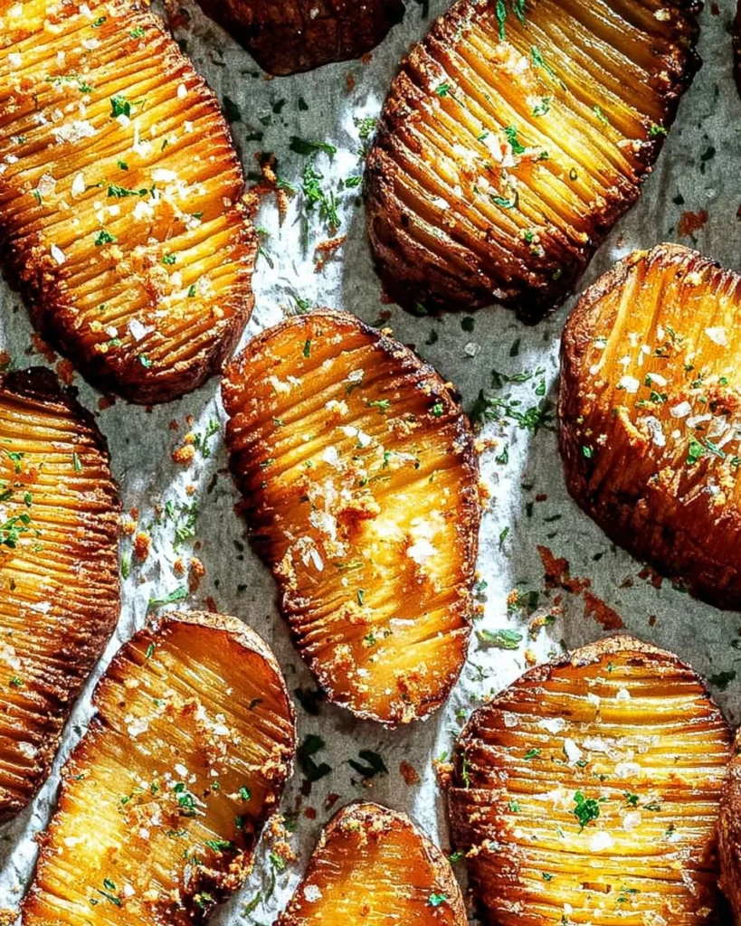 Crispy Baked Accordion Potatoes served on a plate, garnished with herbs.