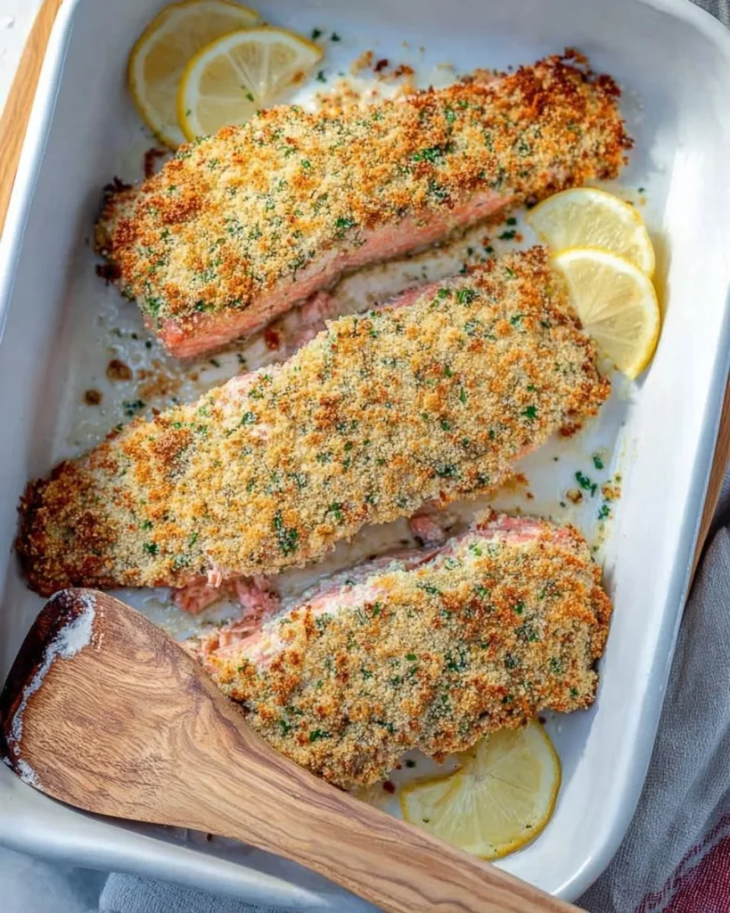 Crispy baked salmon on a plate with herbs and lemon slices.