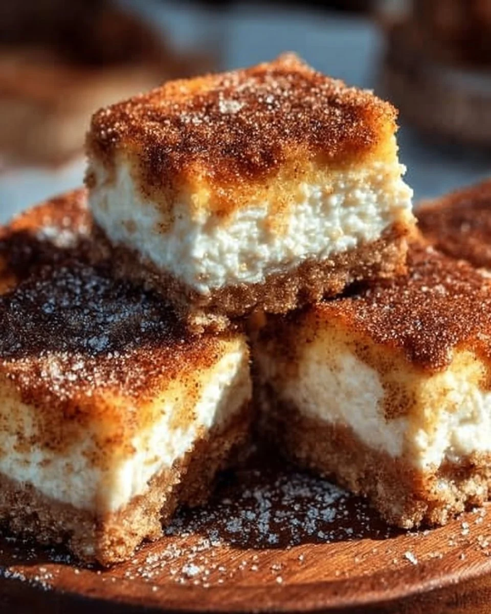 Crispy churro cheesecake bars topped with cinnamon sugar and drizzled with caramel.