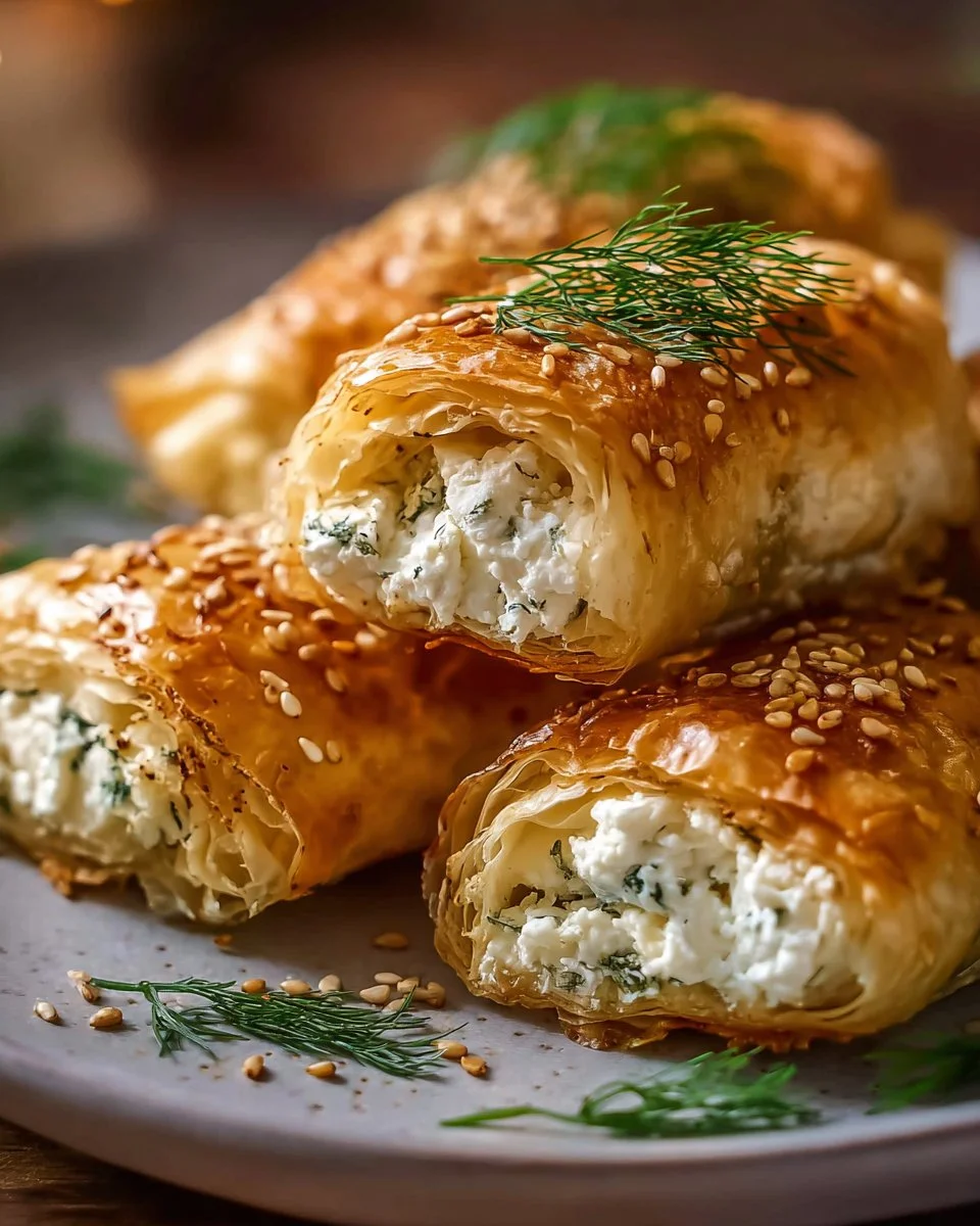 Plate of crispy feta rolls served with dipping sauce
