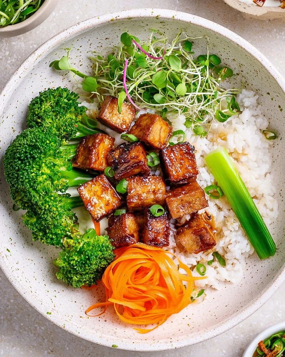 Plate of crispy marinated tofu with fresh garnishes
