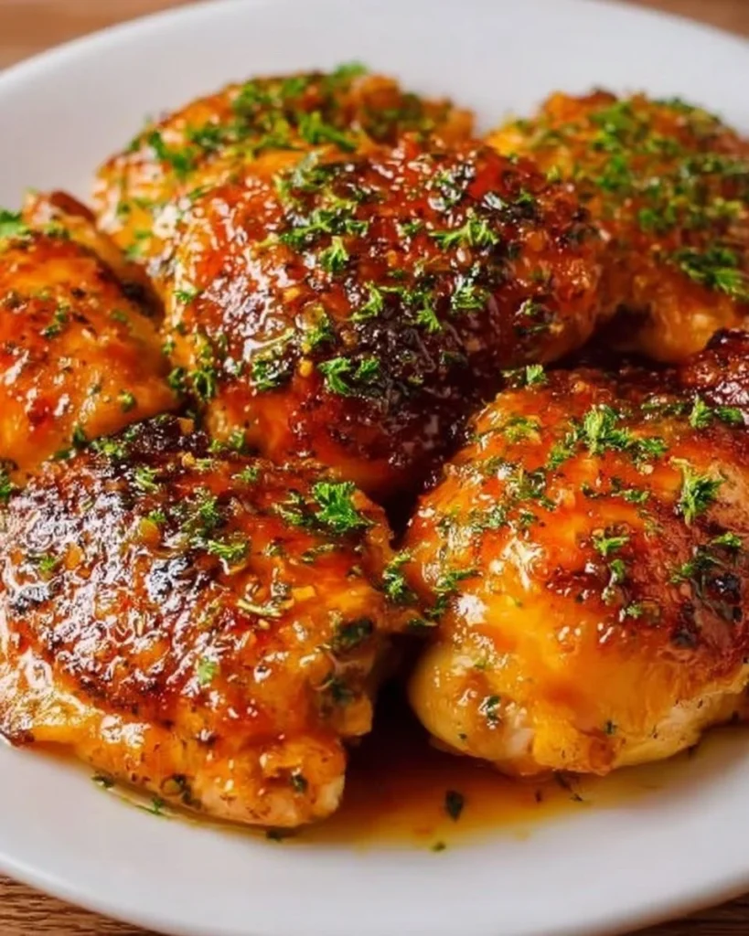 Delicious crockpot apricot chicken served on a plate with herbs.