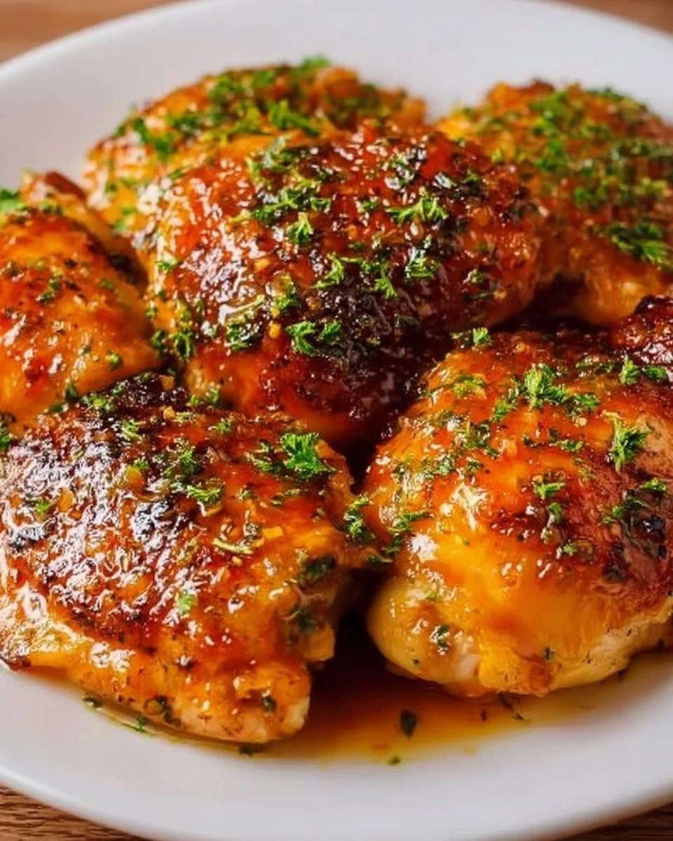Delicious crockpot apricot chicken served on a plate with herbs.
