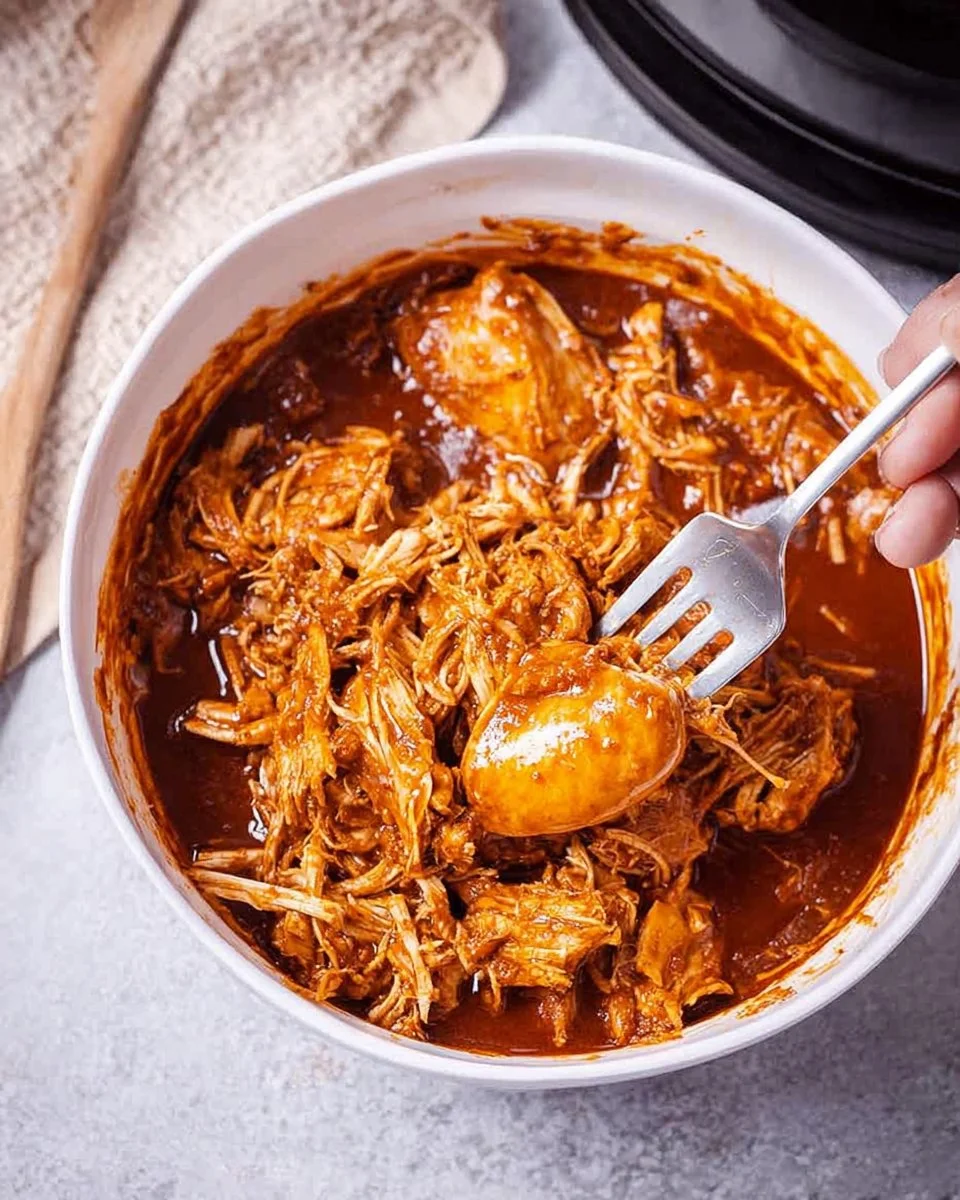 Crockpot BBQ Shredded Chicken served in a bowl with barbecue sauce