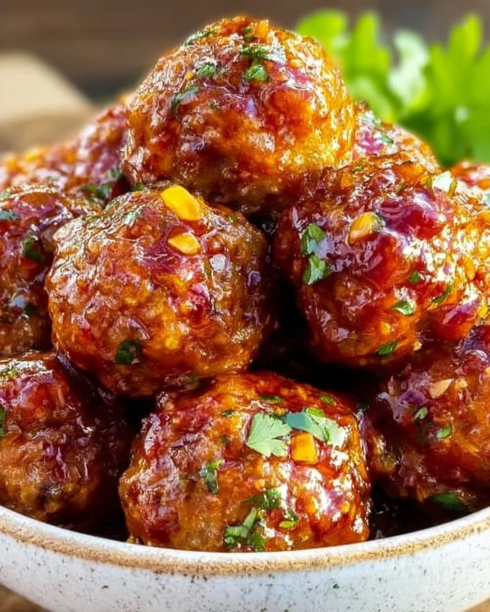 Crockpot honey garlic meatballs served on a plate with sauce