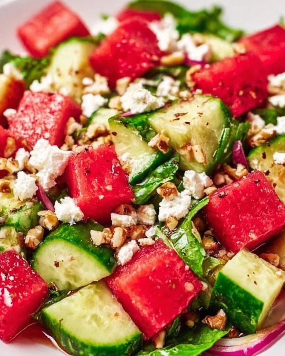 Delicious Cucumber Watermelon Salad in a bowl with vibrant colors.