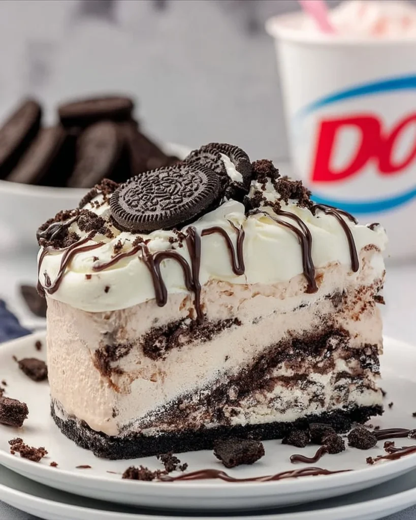Dairy Queen Oreo Cookie Ice Cream Cake with chocolate and Oreo cookie toppings