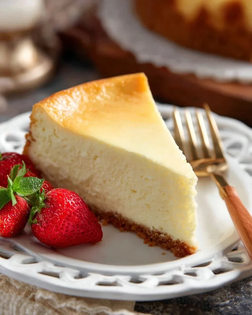Delicious NY Style Cheesecake with a healthier twist on a plate.