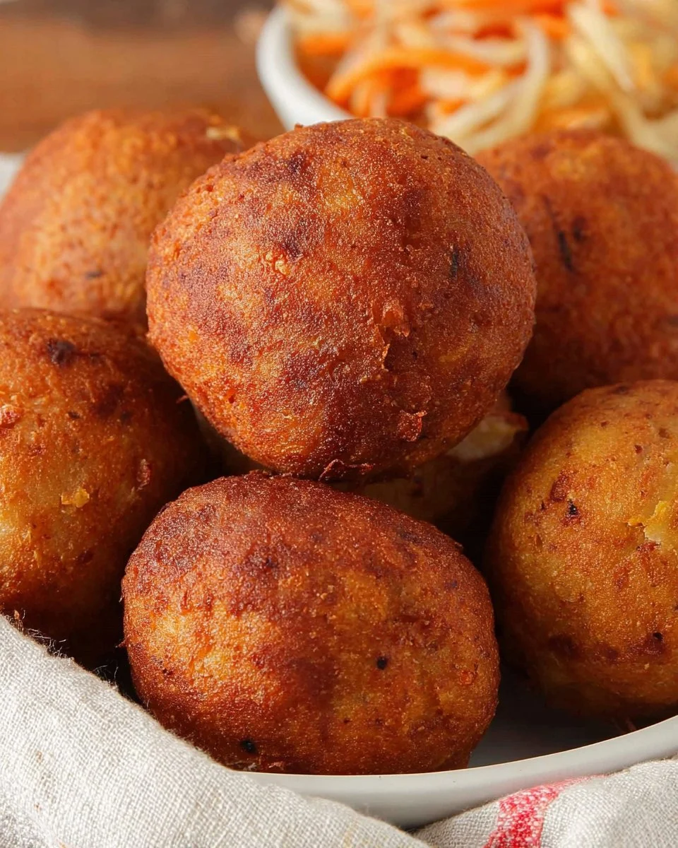 Golden deep fried plantain balls served on a plate with dipping sauce