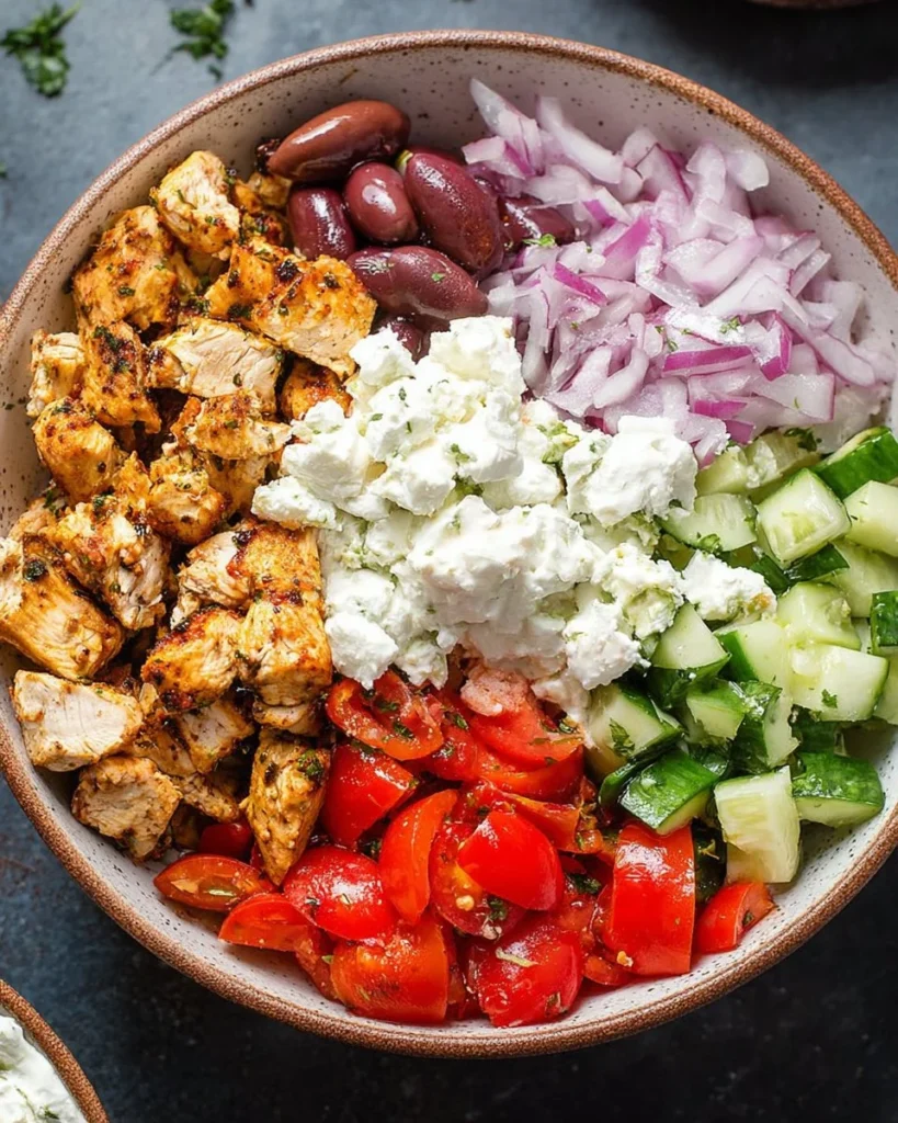 Healthy chicken gyro bowls ready for meal prep, ideal for busy families.
