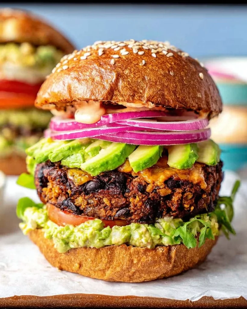 Healthy black bean burger topped with fresh vegetables on a wooden plate