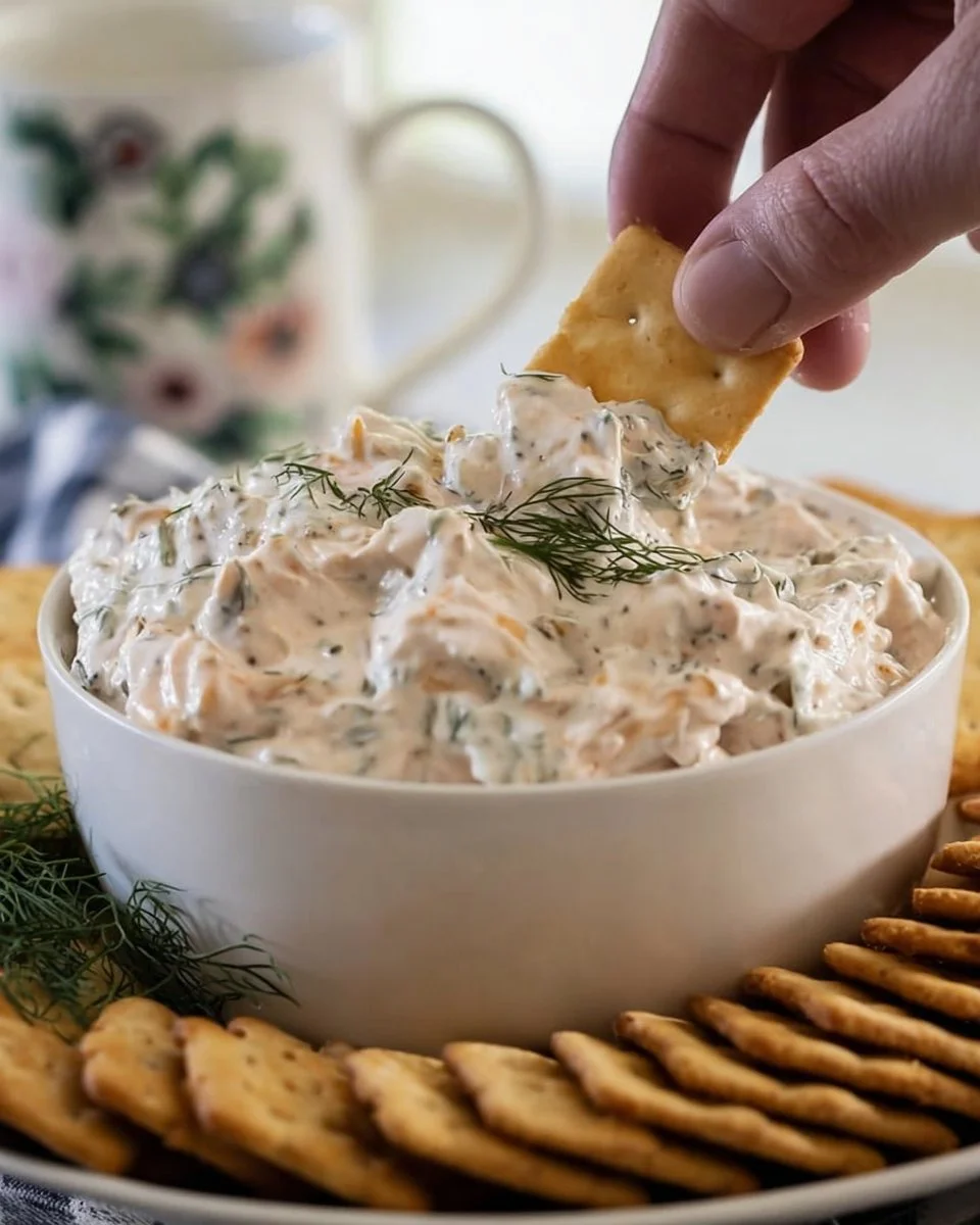 Delicious and creamy Dill Pickle Dip served in a bowl with crackers