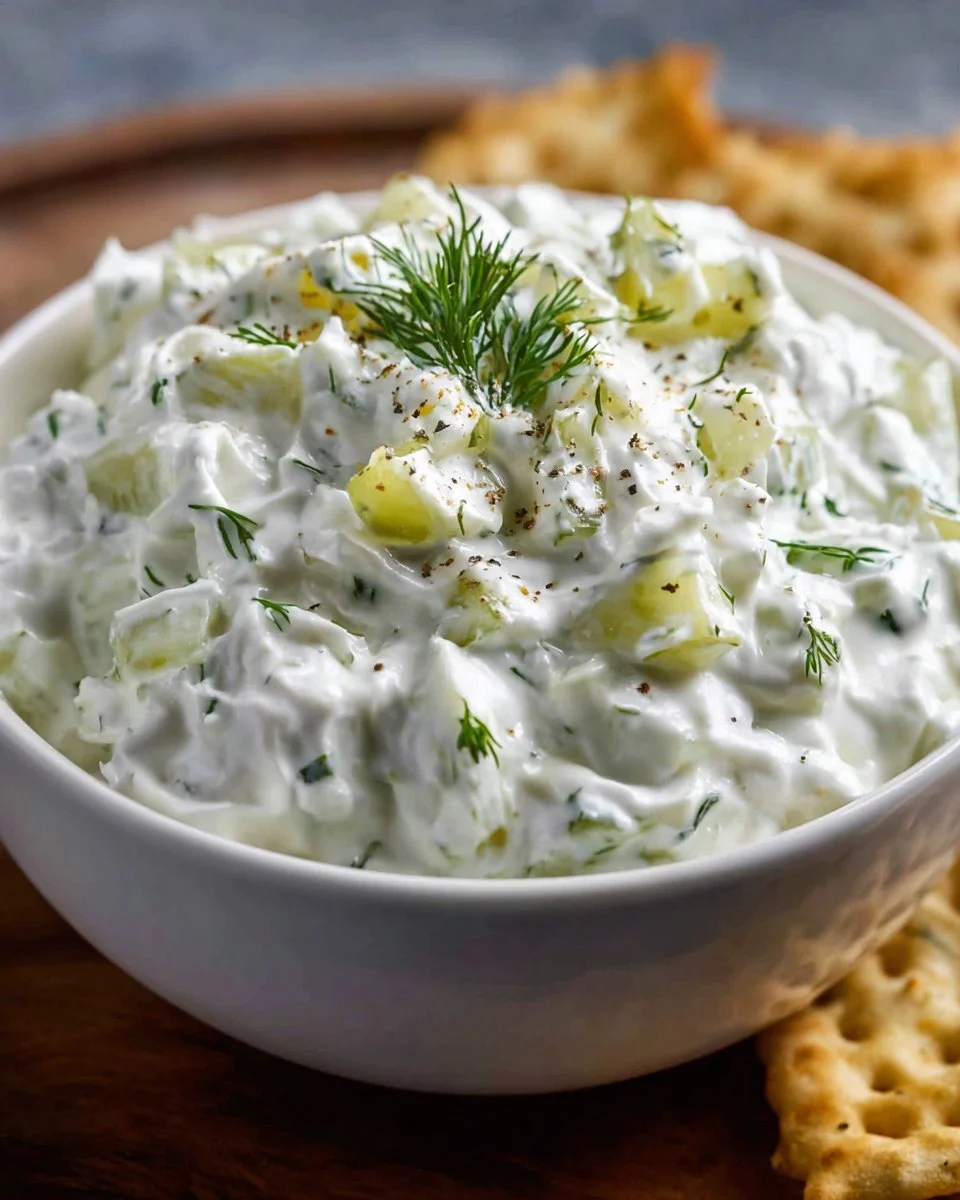 Delicious homemade dill pickle dip served with crackers and veggies.