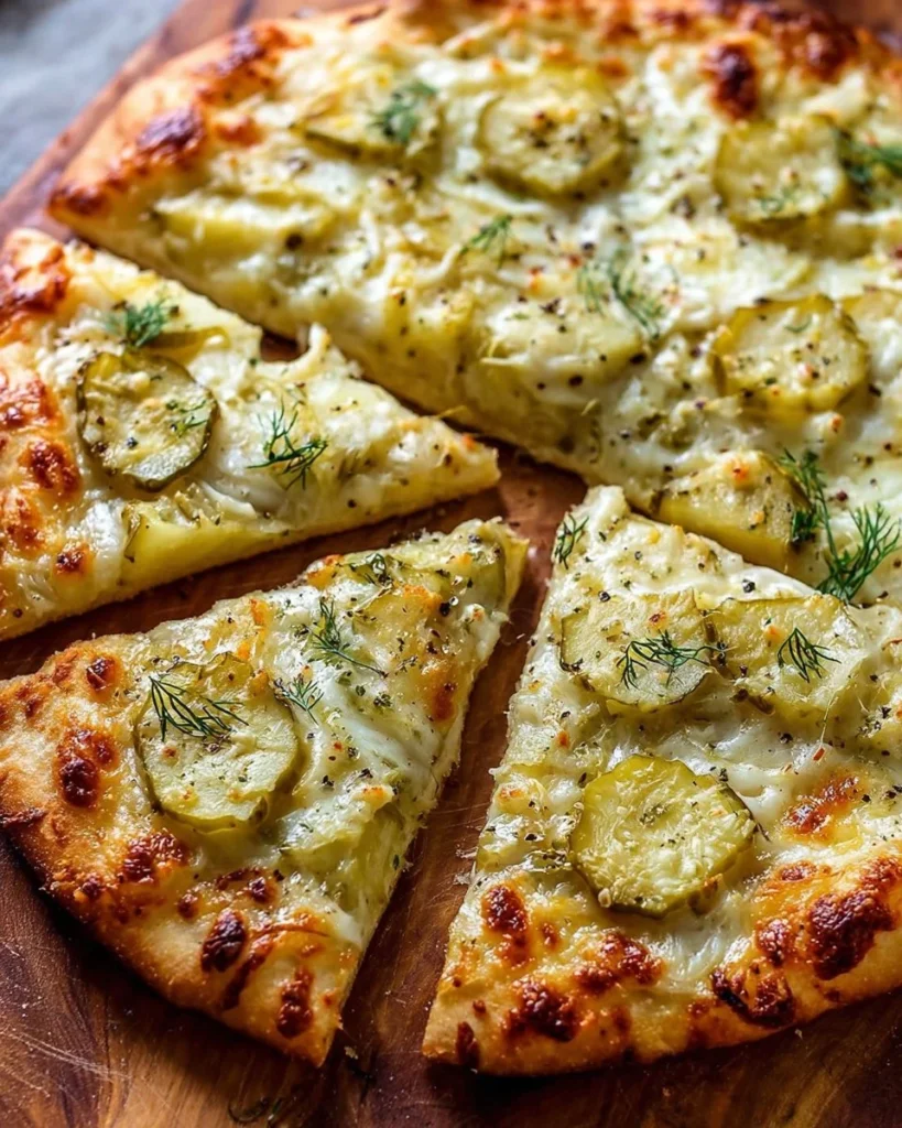 Delicious Dill Pickle Garlic Pizza topped with fresh ingredients