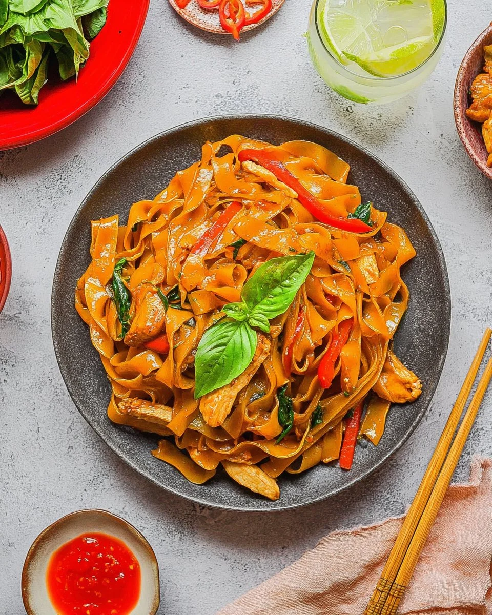 Plate of drunken noodles with fresh vegetables and spices
