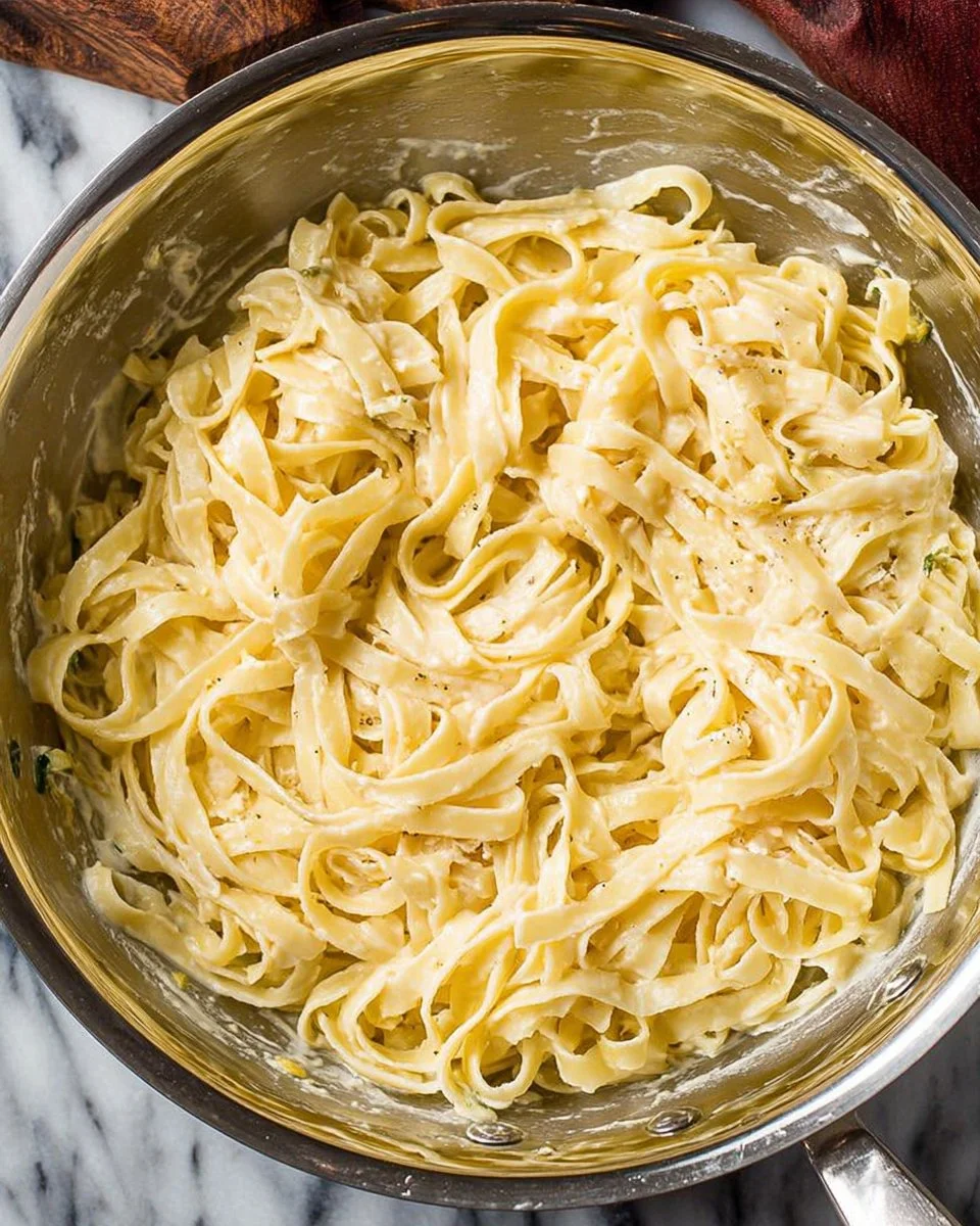 Plate of lighter fettuccine alfredo topped with parsley and parmesan cheese.