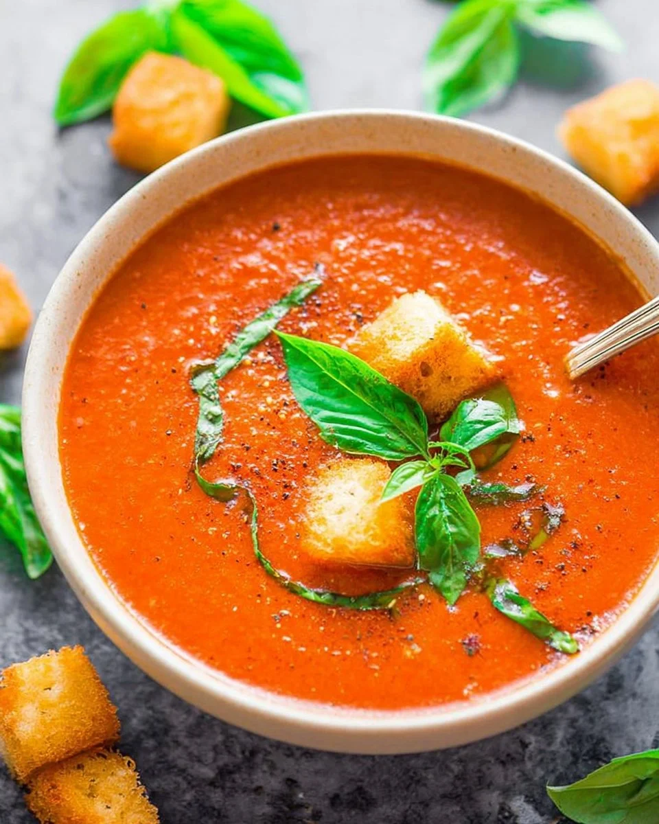 Bowl of easy 30-minute tomato basil soup garnished with fresh basil leaves.
