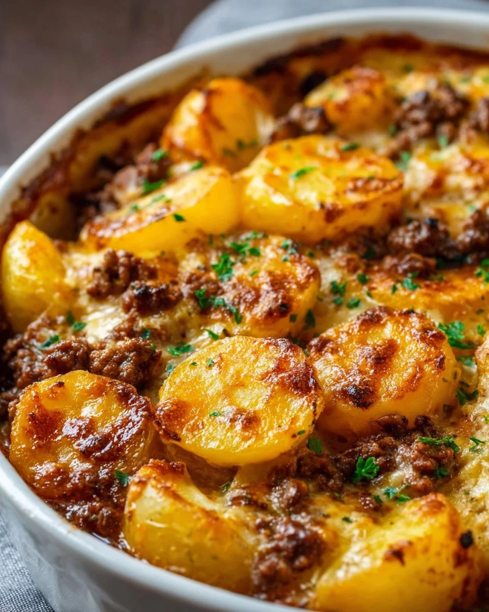 Delicious hamburger casserole with potatoes on a plate, ready to serve.