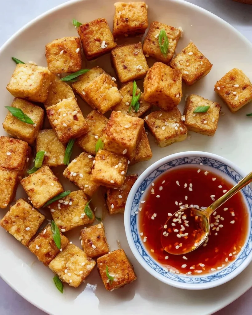 Crispy air fryer tofu nuggets served with dipping sauce