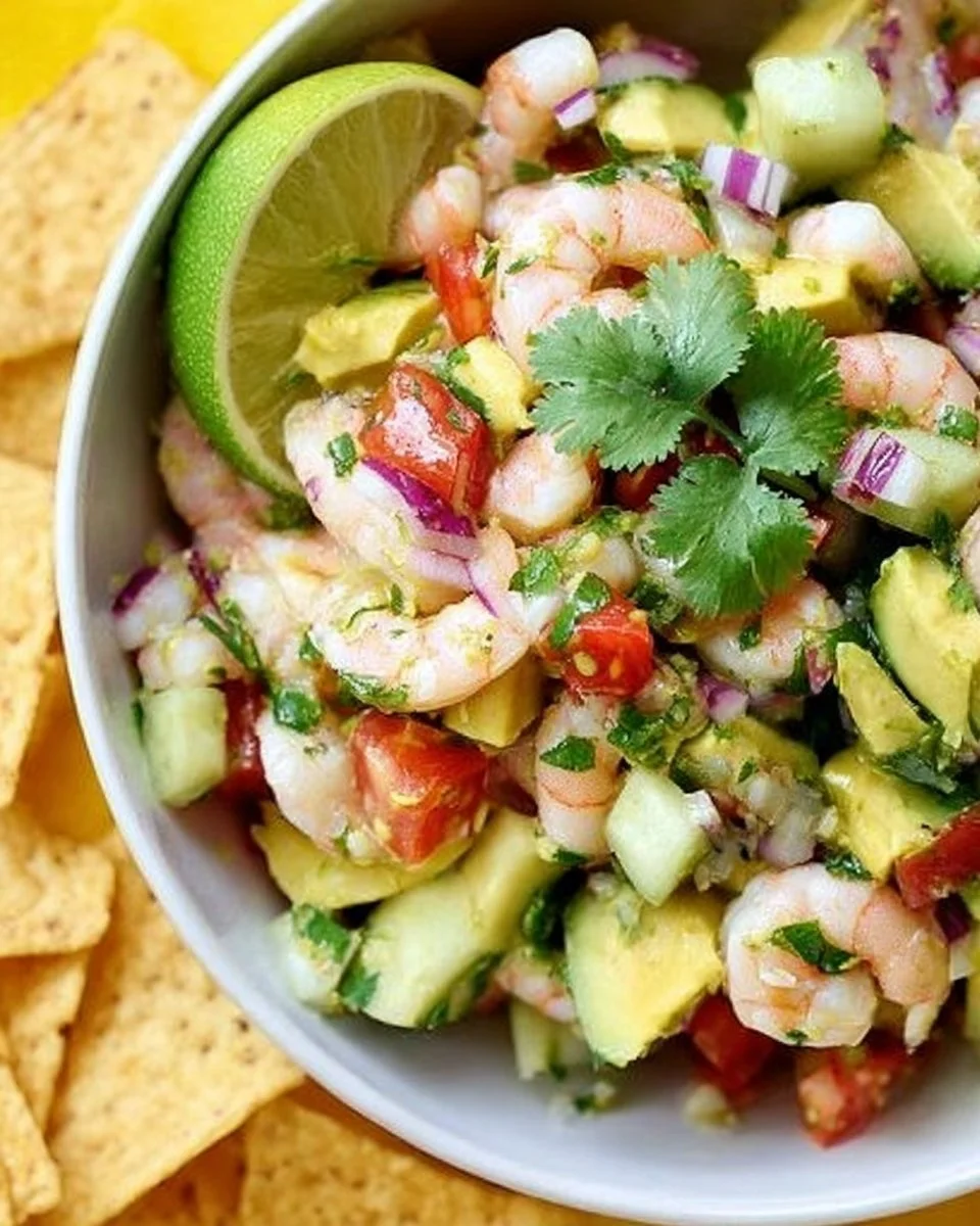 Delicious avocado shrimp ceviche served in a bowl with lime and cilantro garnish.