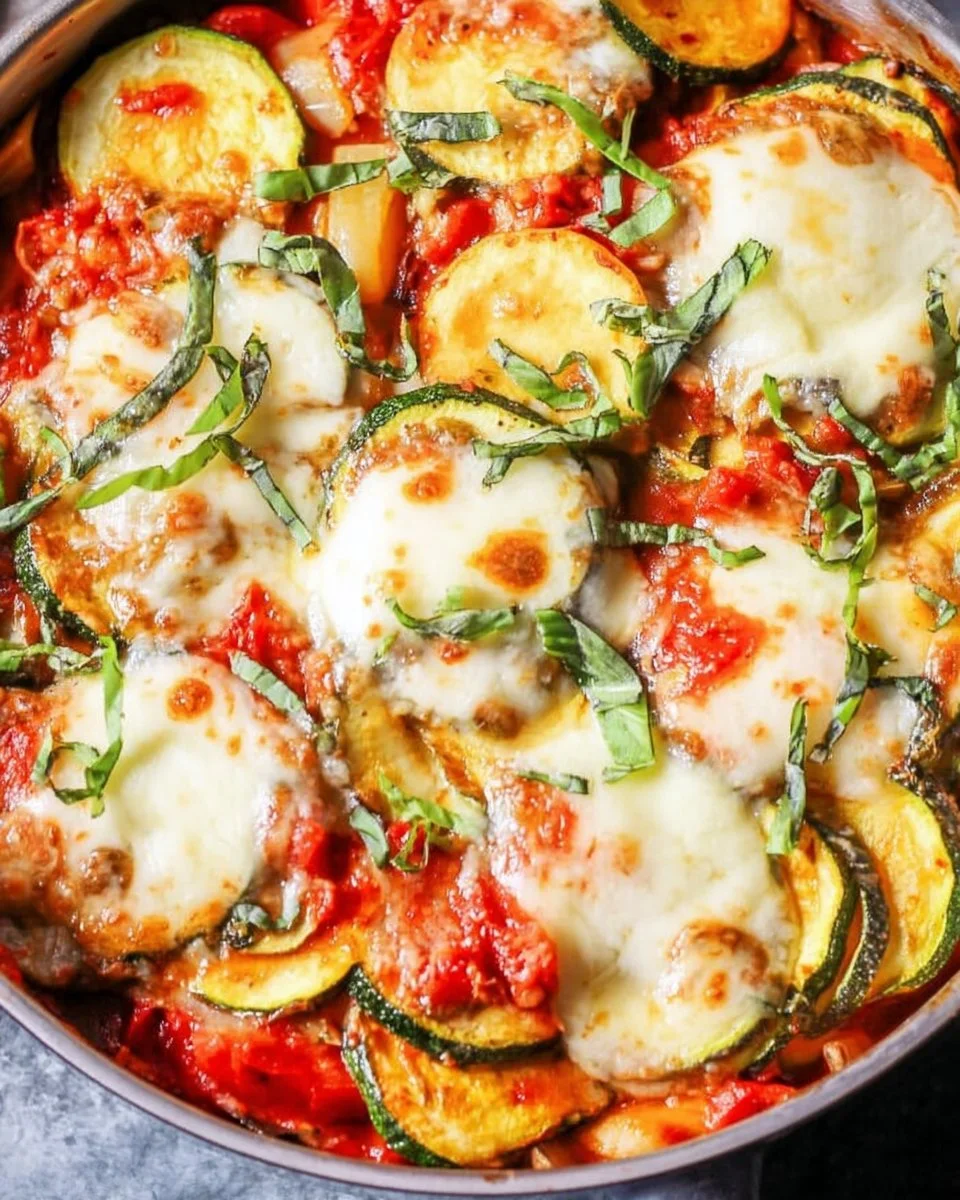 Easy Baked Zucchini Parmesan Skillet with melted cheese