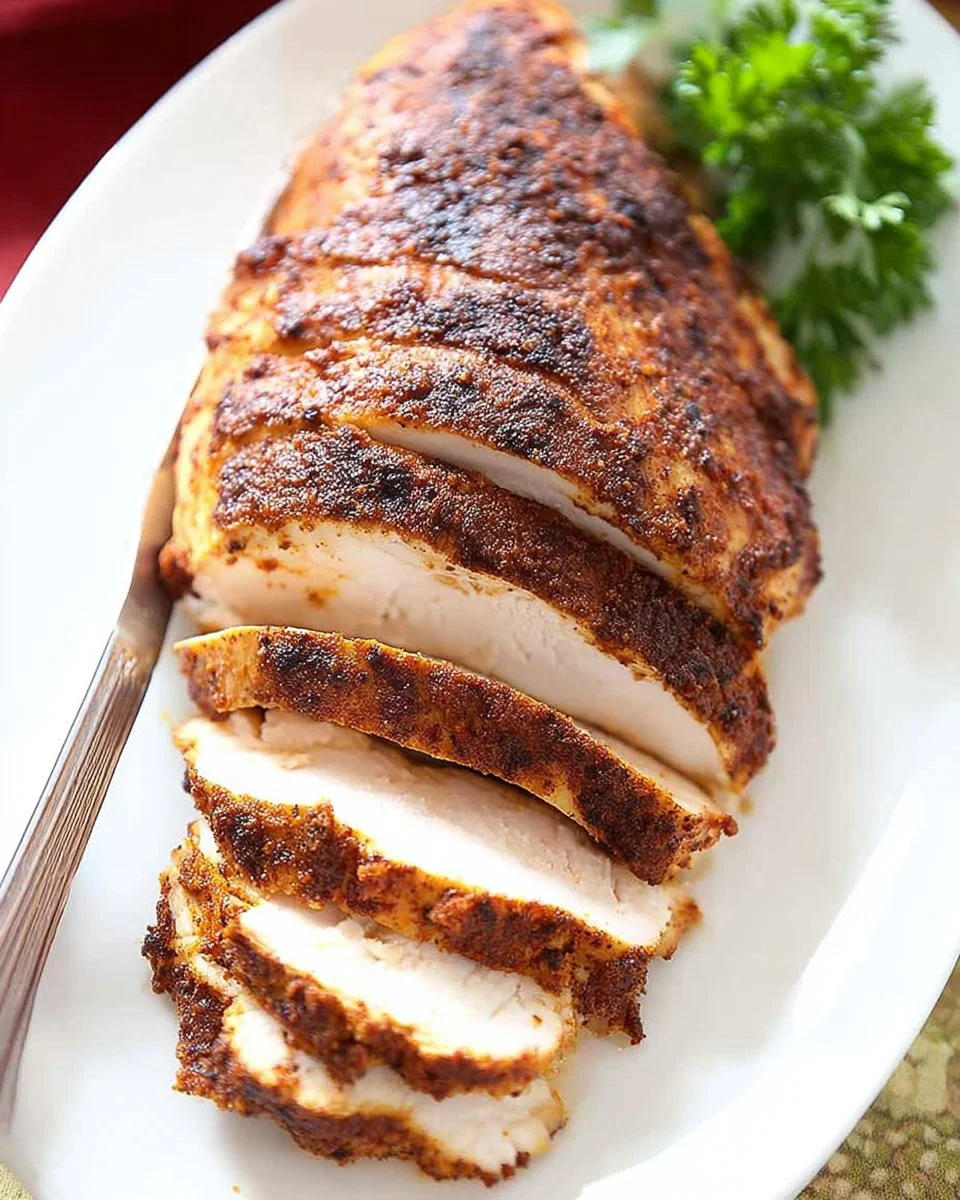 Delicious plate of easy blackened chicken with spices and herbs.