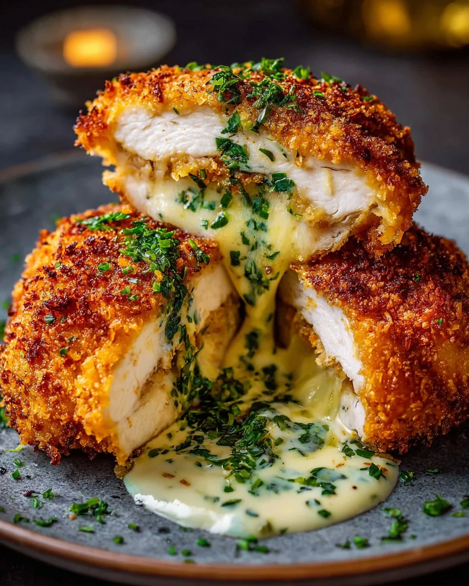 Golden brown easy Chicken Kiev on a plate, garnished with herbs