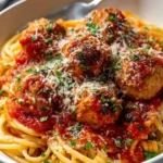 Easy Chicken Parmesan Meatballs served on a plate with marinara sauce and cheese
