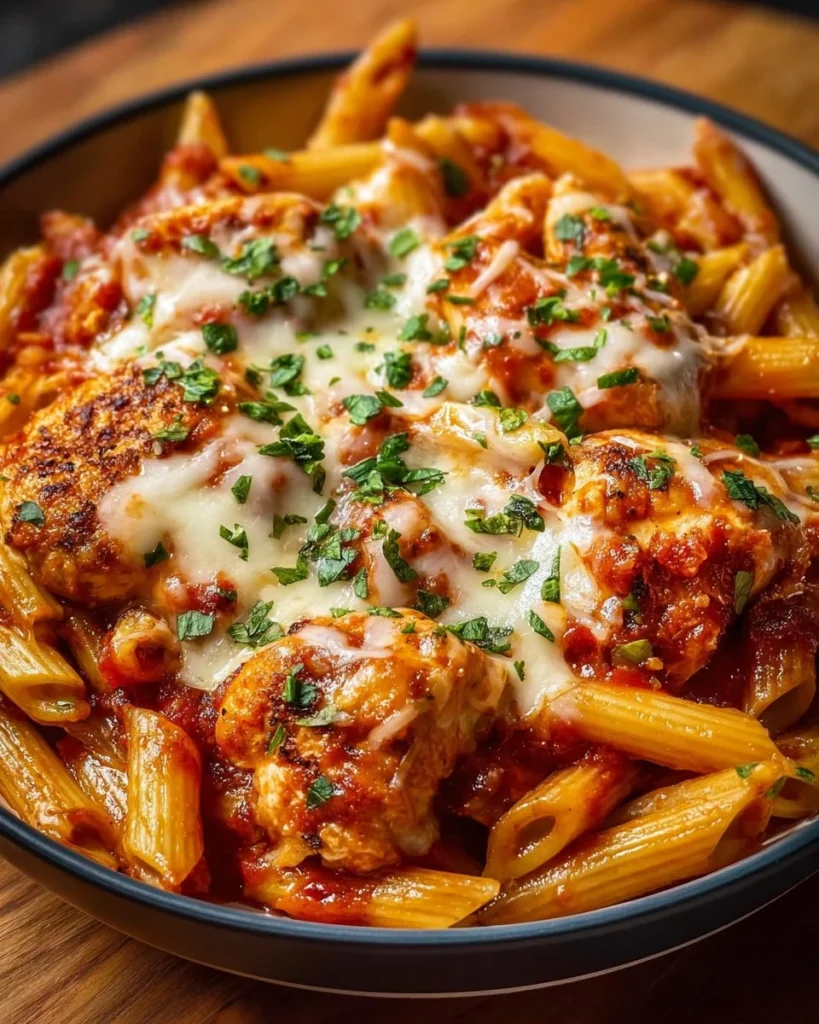 Plate of easy chicken parmesan pasta topped with cheese and basil
