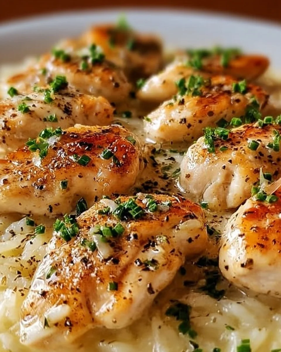 Creamy chicken scampi served with garlic parmesan rice on a plate