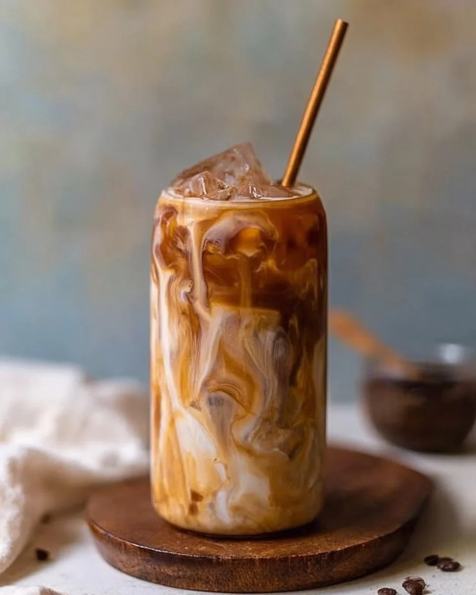 A glass of easy homemade caramel iced coffee with whipped cream and caramel drizzle.
