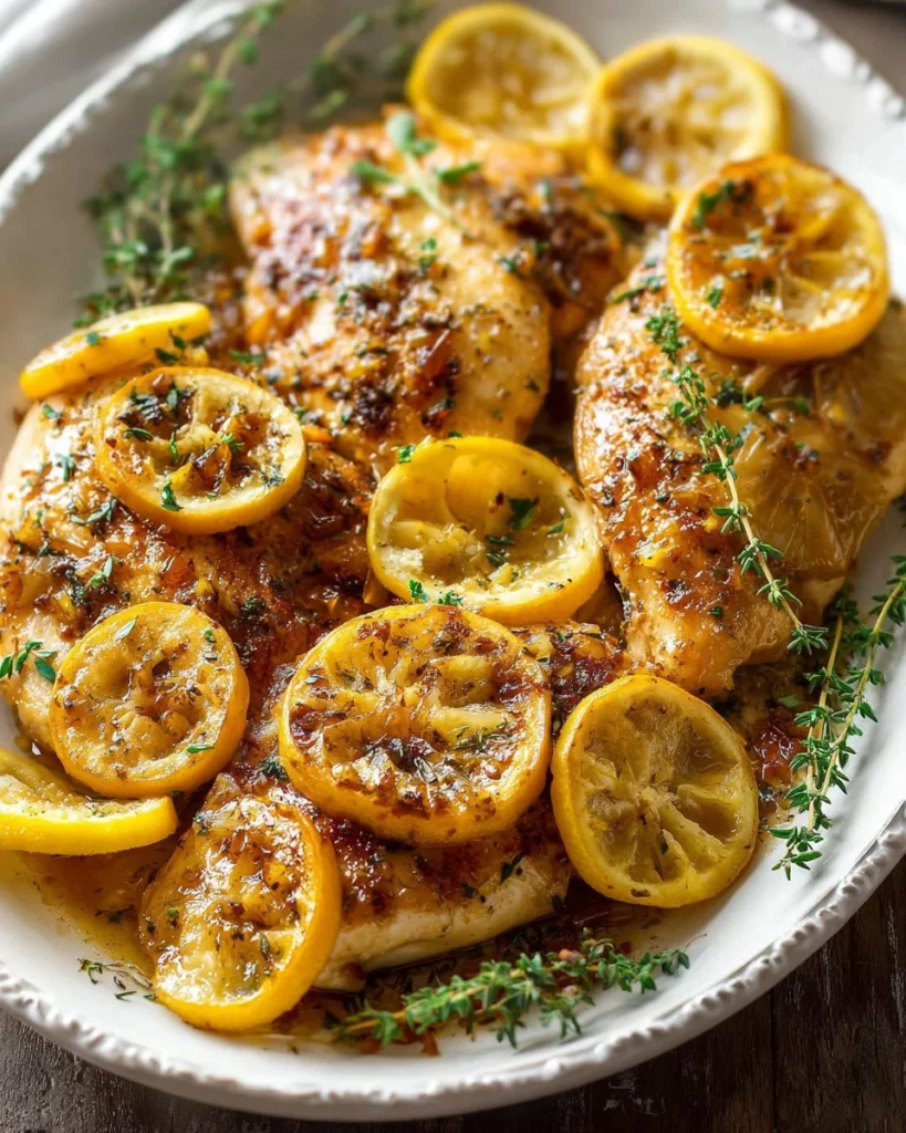 Delicious easy lemon chicken with caramelized lemons served on a plate