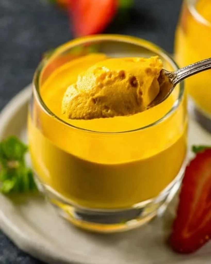 A creamy and delicious easy mango mousse topped with fresh mango slices.