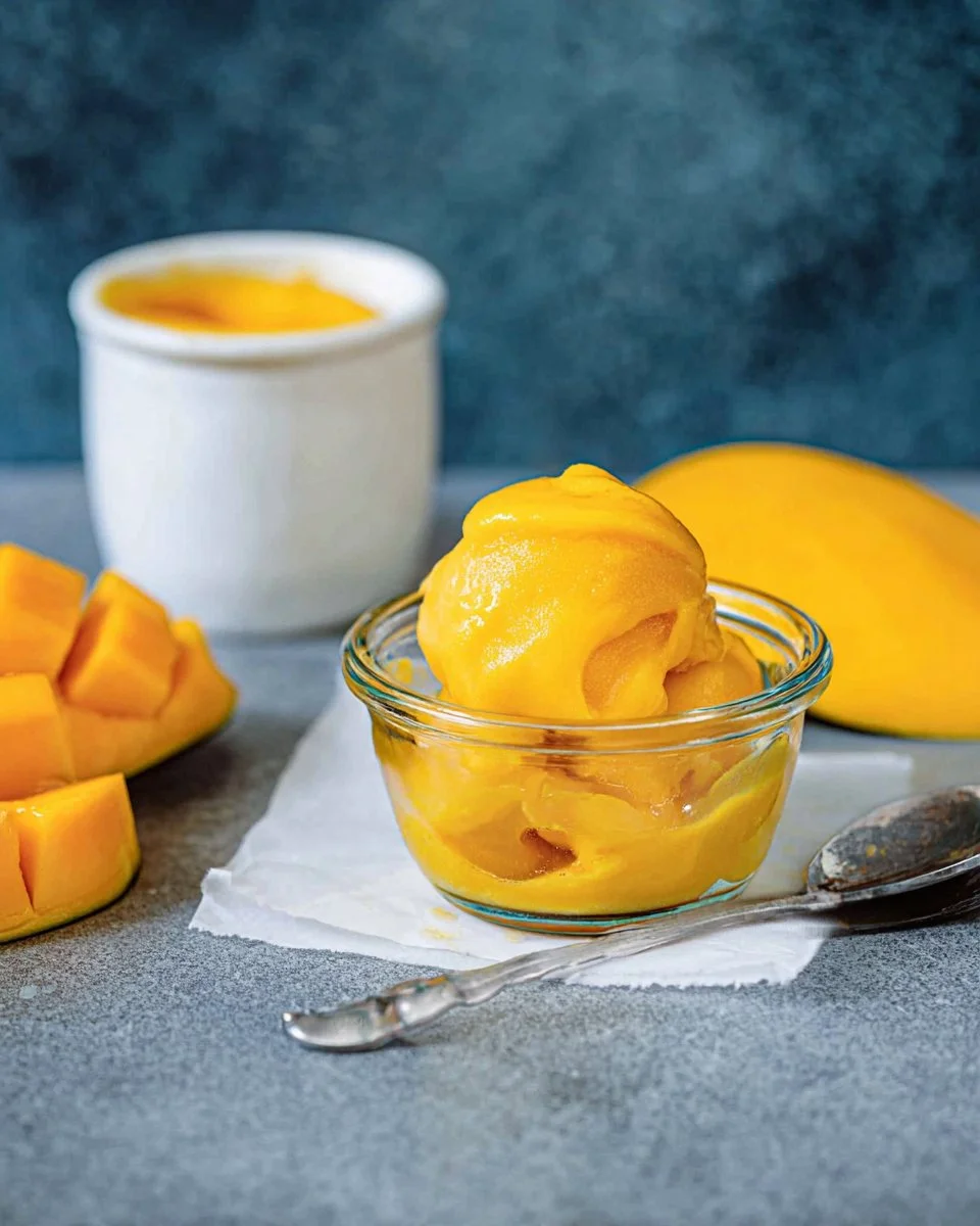Delicious bowl of easy mango sorbet served with fresh mango slices