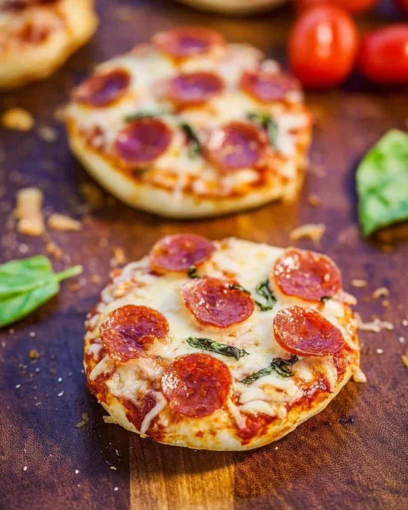 Delicious easy mini pepperoni pizzas served on a wooden platter