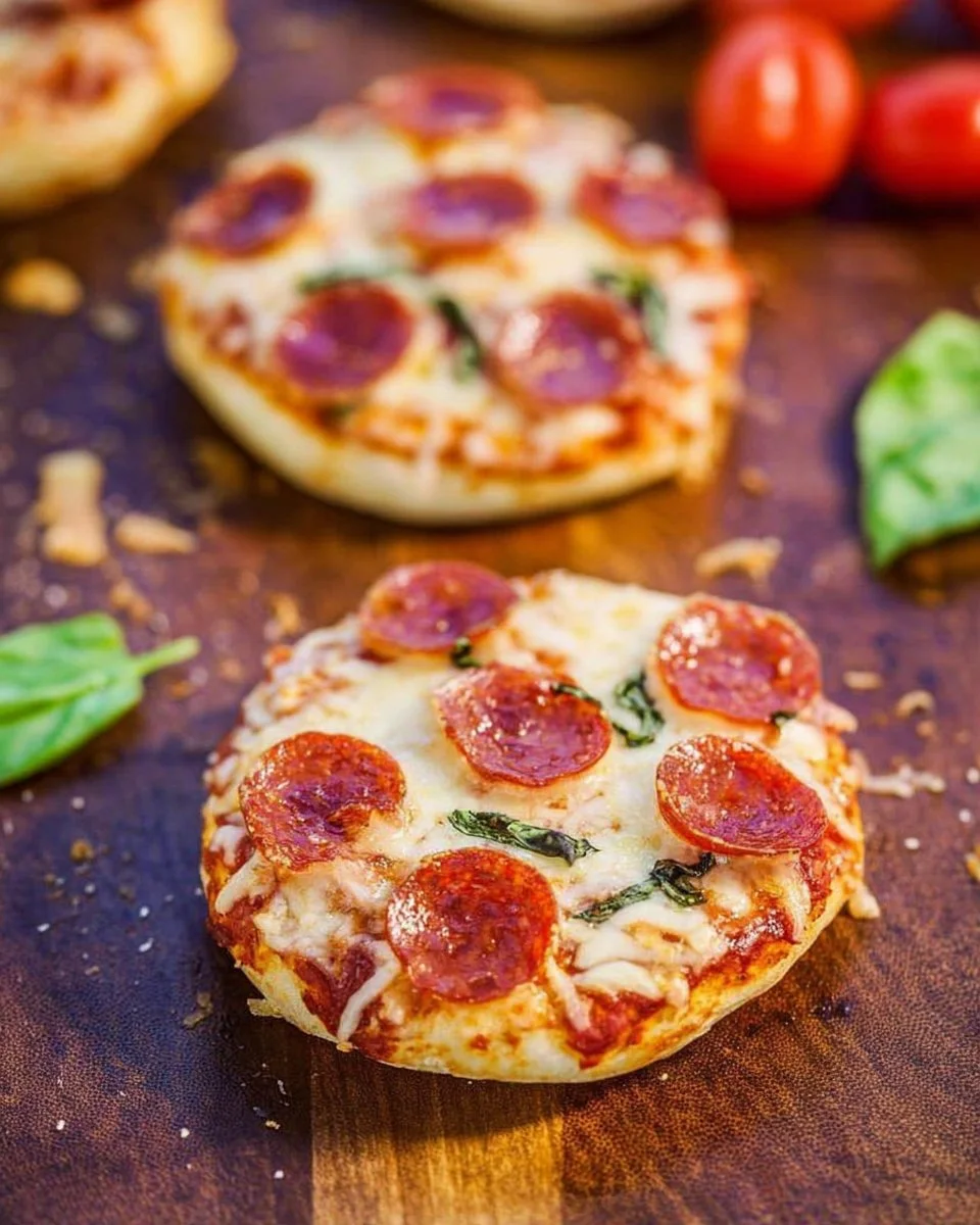 Delicious easy mini pepperoni pizzas served on a wooden platter