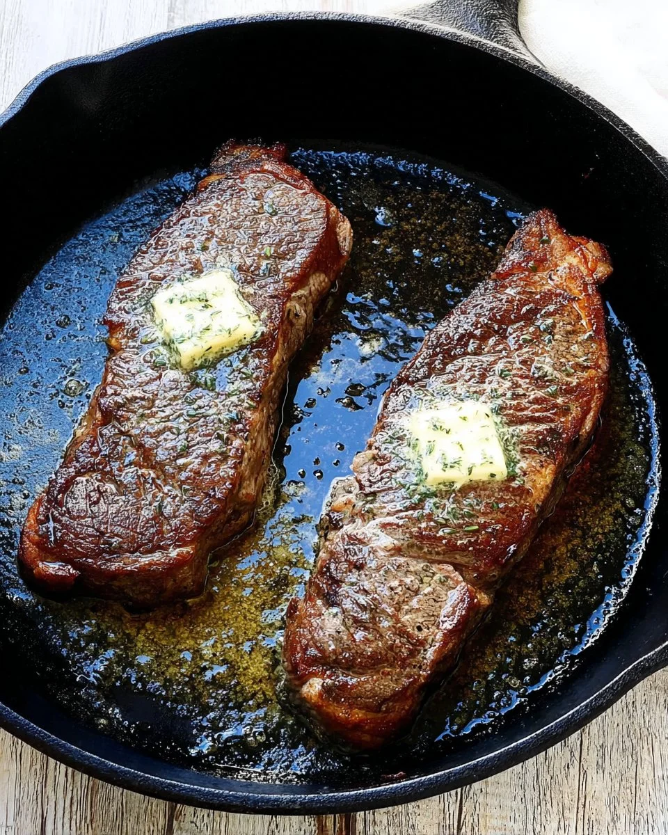 Cooked Easy New York Strip Steak on a plate with herbs and spices