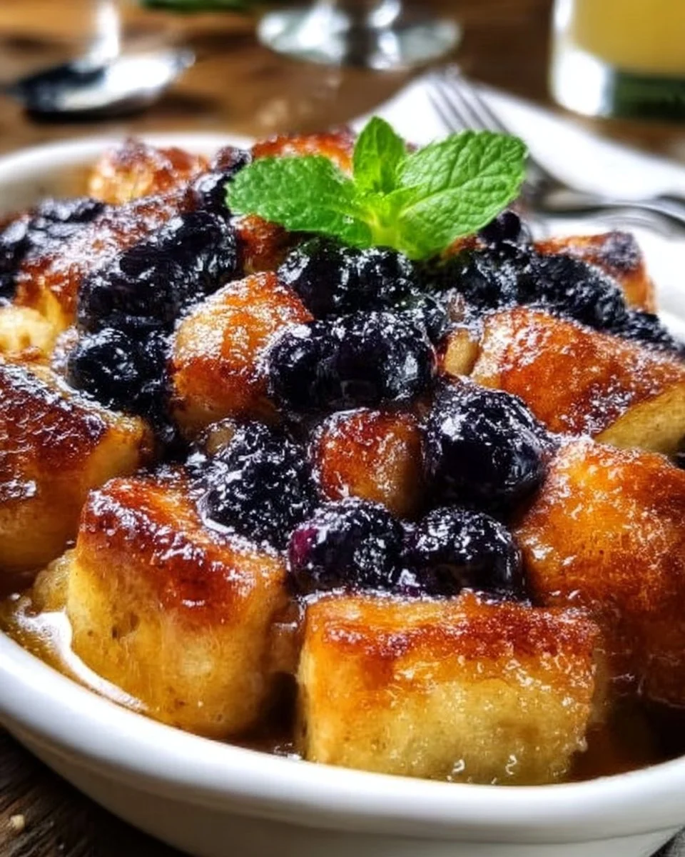Delicious blueberry French toast bake topped with fresh blueberries and syrup