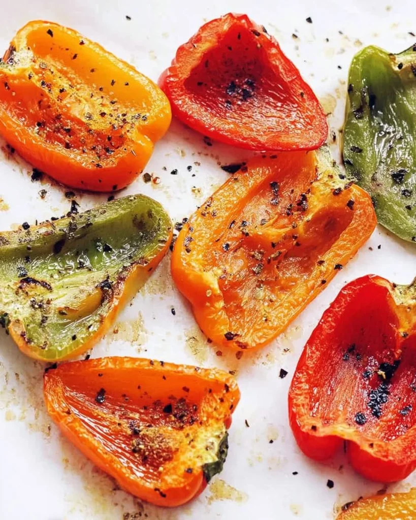 Plate of easy roasted peppers, highlighting their vibrant colors and charred texture.