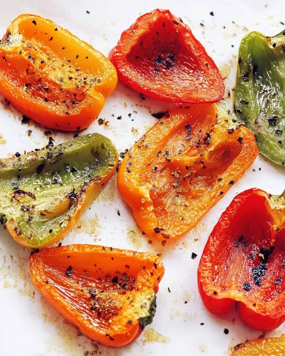 Plate of easy roasted peppers, highlighting their vibrant colors and charred texture.